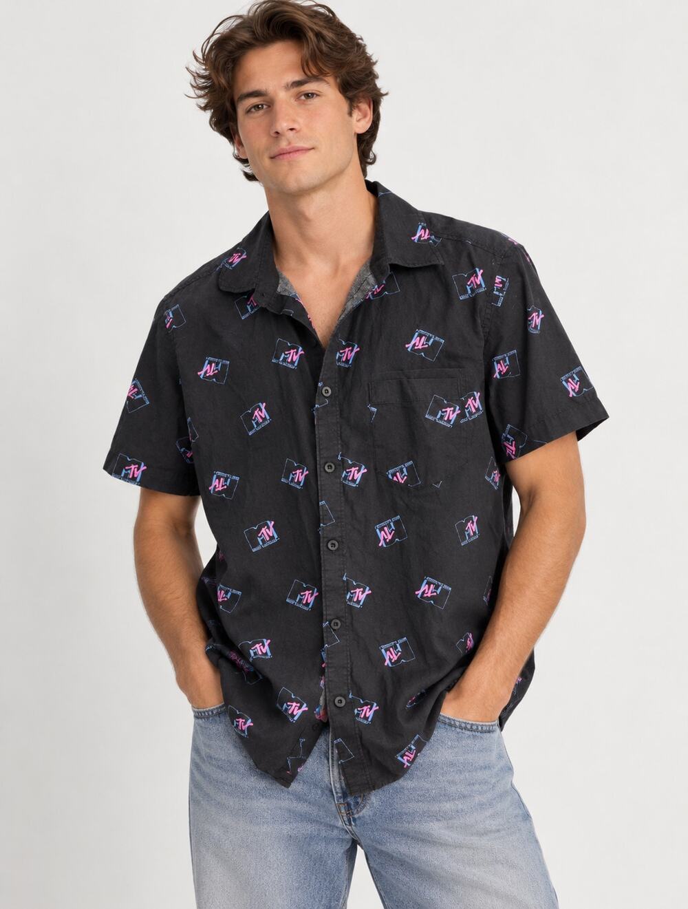 MTV Mens Logo Print Button Down Shirt Black Pink Blue Retro Size M